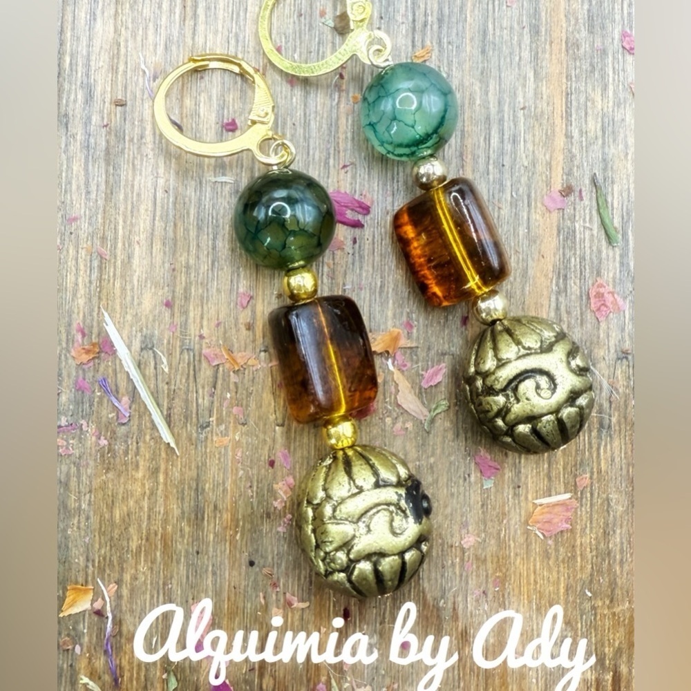 Amber and deep green Agate statement gold chunky earrings